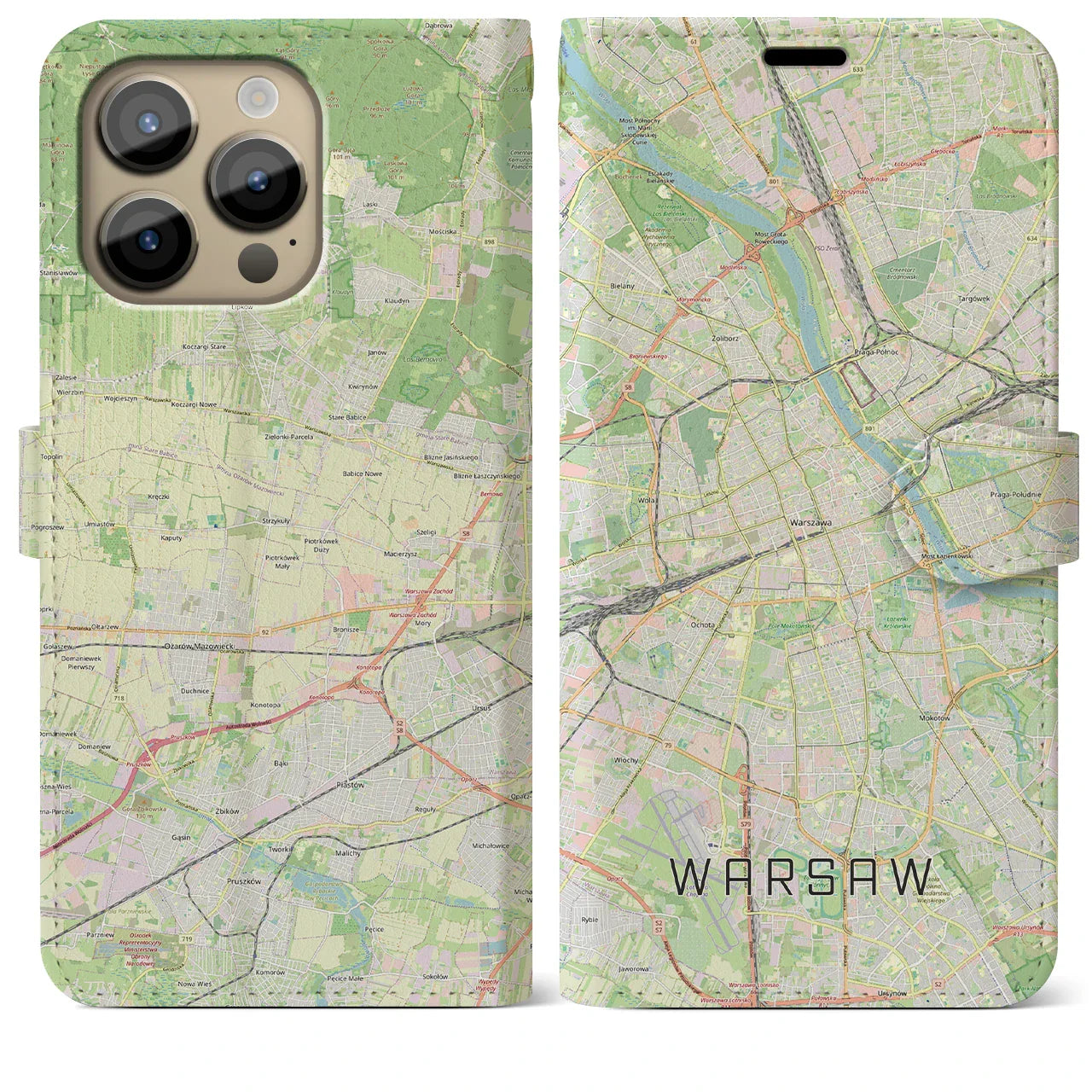 【ワルシャワ(ポーランド)】地図柄iPhoneケース(手帳タイプ)ナチュラル・iPhone 14 Pro Max 用