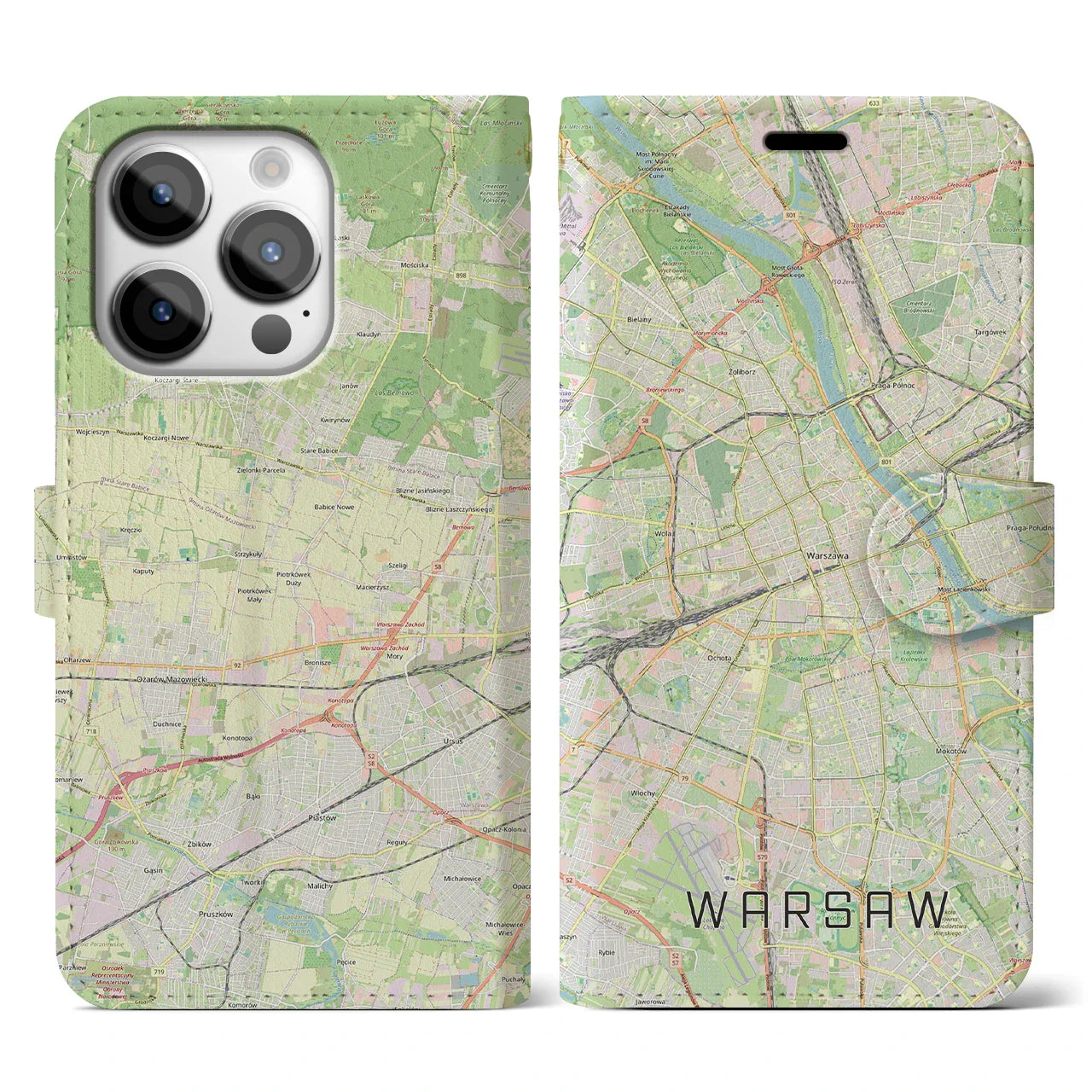【ワルシャワ(ポーランド)】地図柄iPhoneケース(手帳タイプ)ナチュラル・iPhone 14 Pro 用