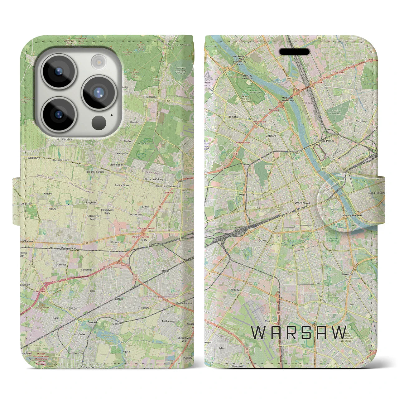 【ワルシャワ(ポーランド)】地図柄iPhoneケース(手帳タイプ)ナチュラル・iPhone 15 Pro 用