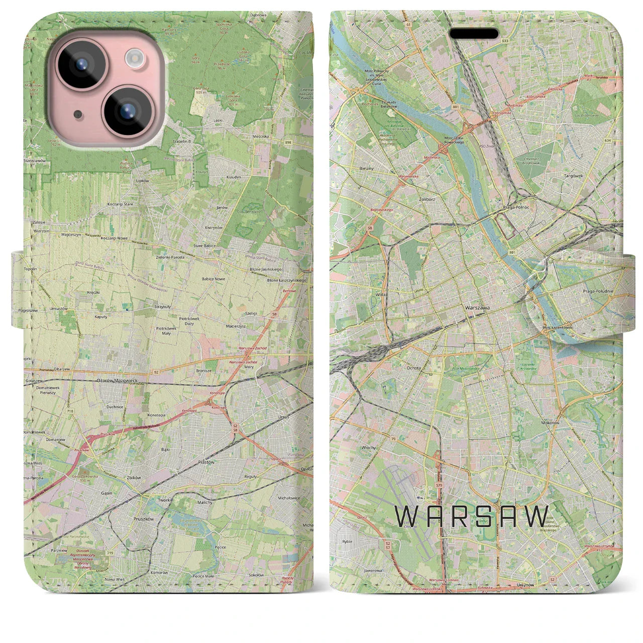 【ワルシャワ(ポーランド)】地図柄iPhoneケース(手帳タイプ)ナチュラル・iPhone 15 Plus 用