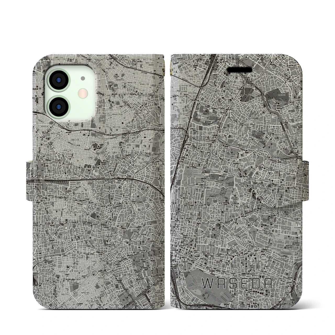 【早稲田2(東京都)】地図柄iPhoneケース(手帳タイプ)モノトーン・iPhone 12 mini 用