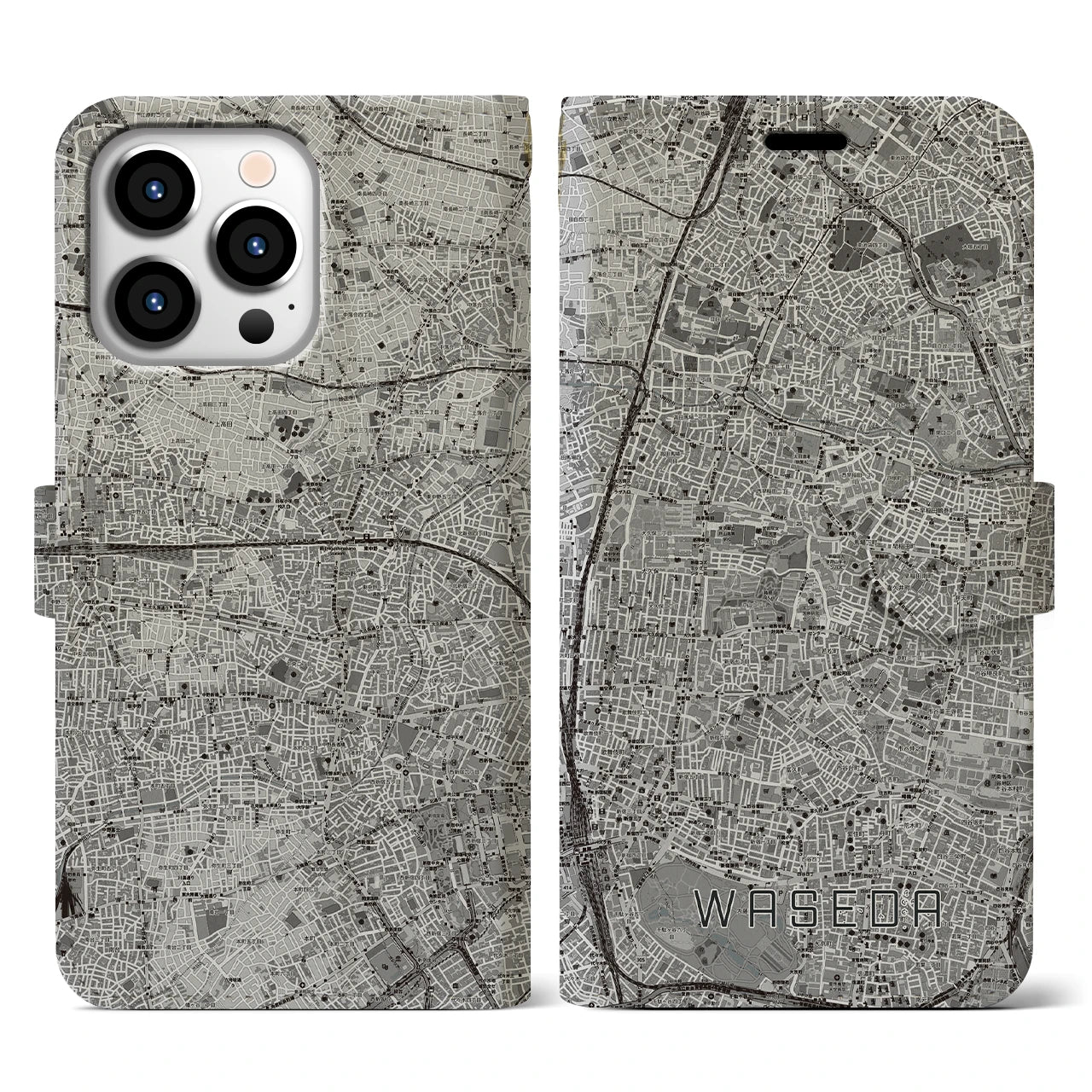 【早稲田2(東京都)】地図柄iPhoneケース(手帳タイプ)モノトーン・iPhone 13 Pro 用