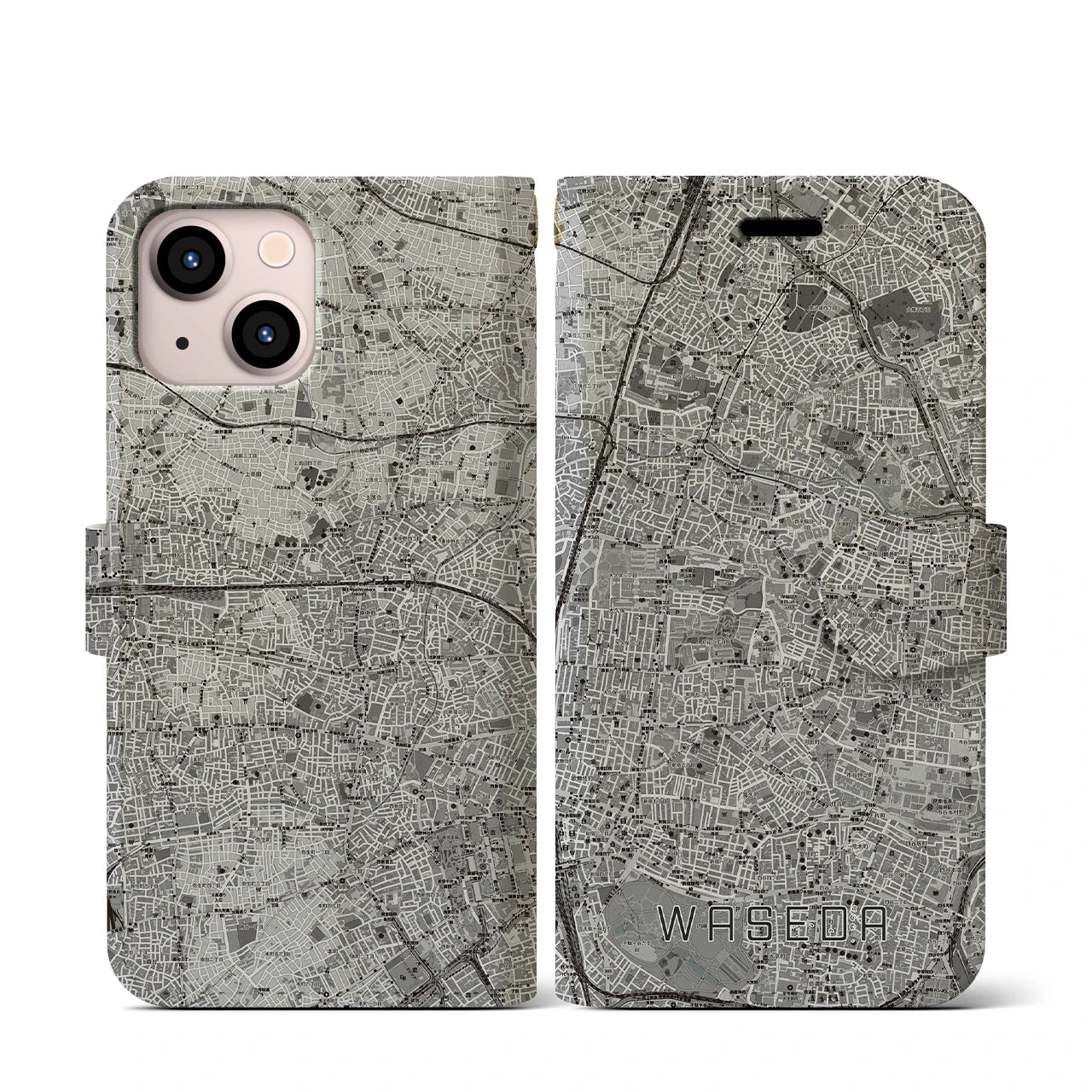 【早稲田2(東京都)】地図柄iPhoneケース(手帳タイプ)モノトーン・iPhone 13 mini 用