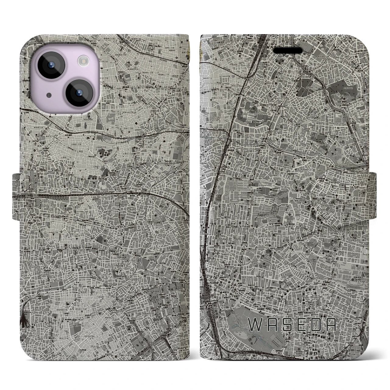 【早稲田2(東京都)】地図柄iPhoneケース(手帳タイプ)モノトーン・iPhone 14 用