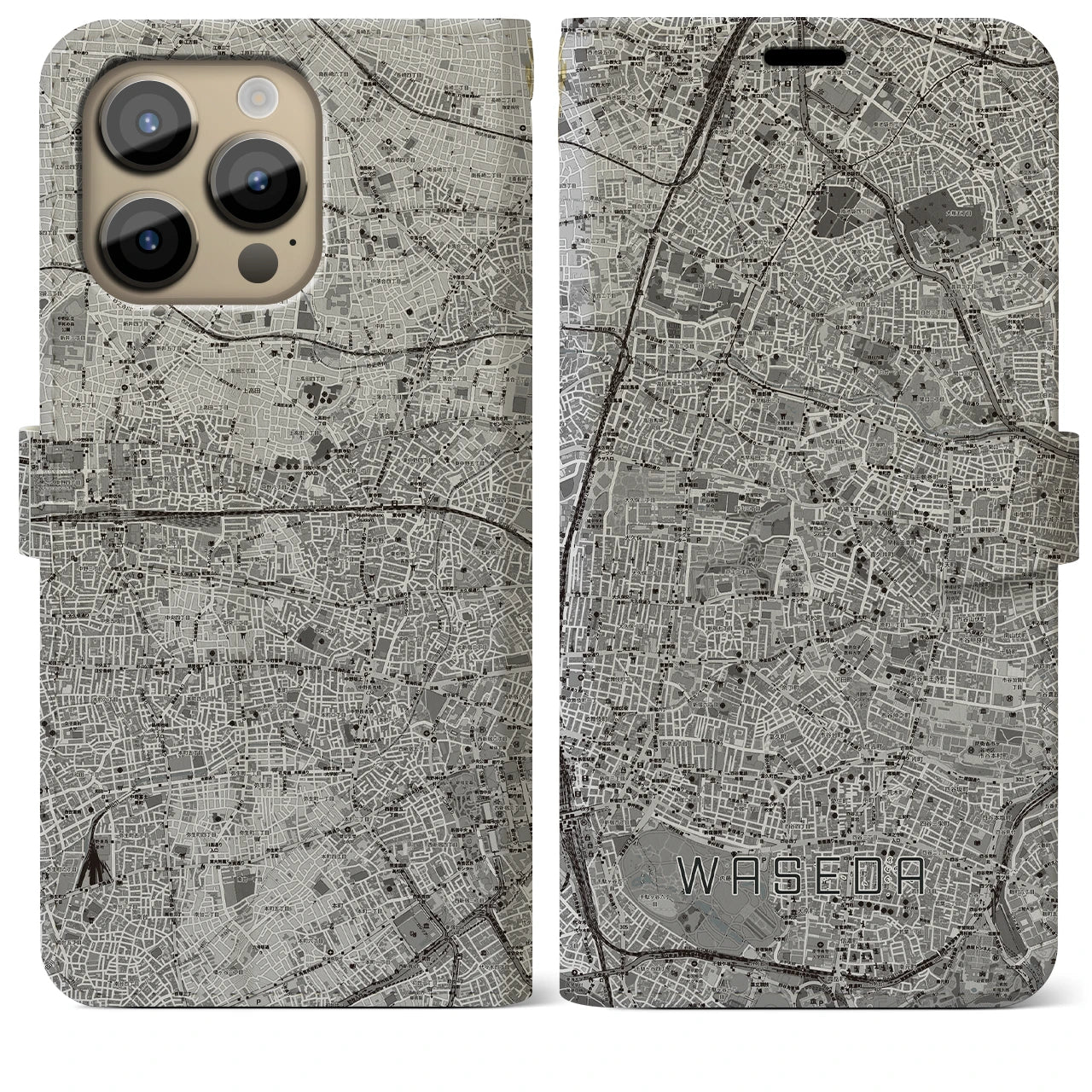 【早稲田2(東京都)】地図柄iPhoneケース(手帳タイプ)モノトーン・iPhone 14 Pro Max 用
