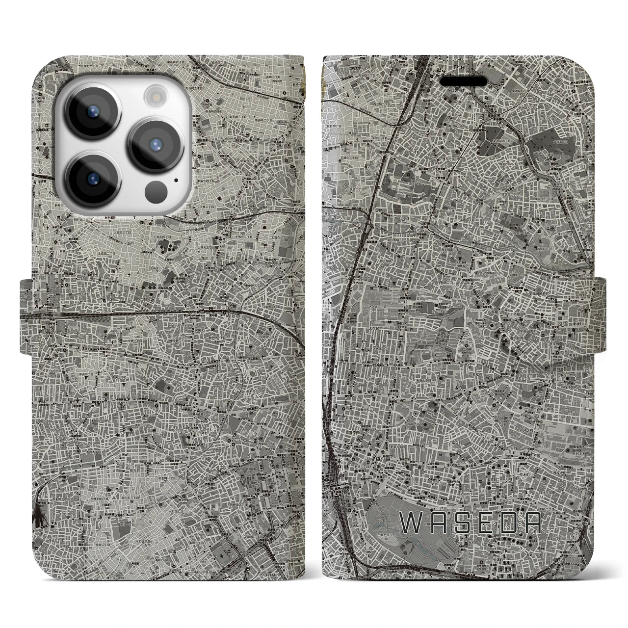【早稲田2(東京都)】地図柄iPhoneケース(手帳タイプ)モノトーン・iPhone 14 Pro 用