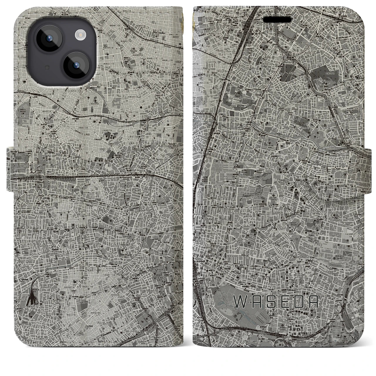 【早稲田2(東京都)】地図柄iPhoneケース(手帳タイプ)モノトーン・iPhone 14 Plus 用