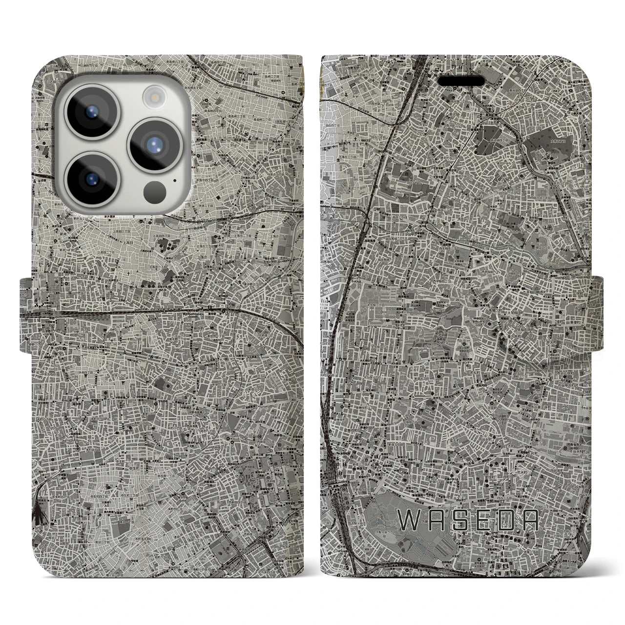 【早稲田2(東京都)】地図柄iPhoneケース(手帳タイプ)モノトーン・iPhone 15 Pro 用