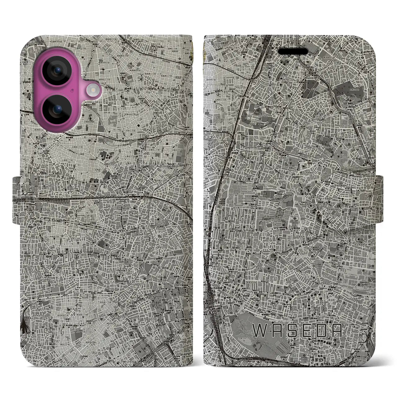 【早稲田2(東京都)】地図柄iPhoneケース(手帳タイプ)モノトーン・iPhone 16 Pro 用