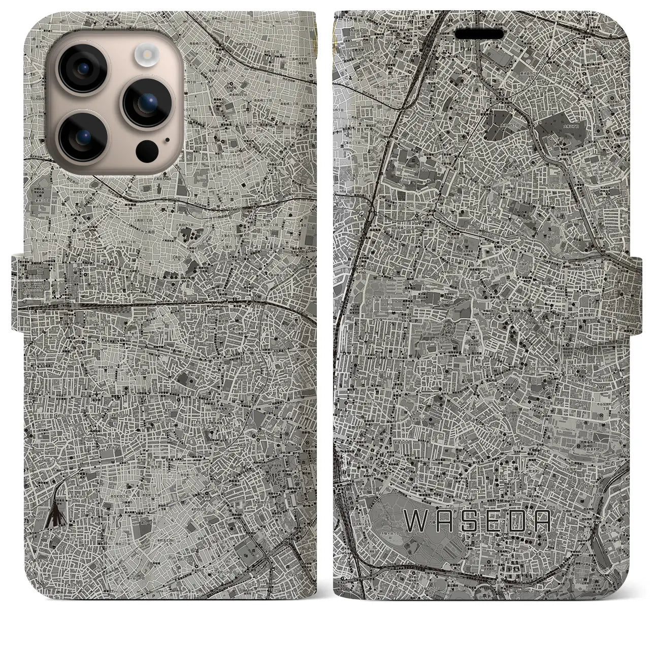 【早稲田2(東京都)】地図柄iPhoneケース(手帳タイプ)モノトーン・iPhone 16 Plus 用