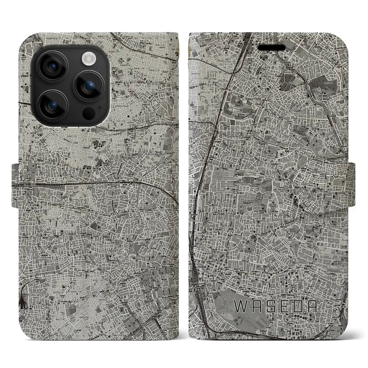 【早稲田2(東京都)】地図柄iPhoneケース(手帳タイプ)モノトーン・iPhone 16 用