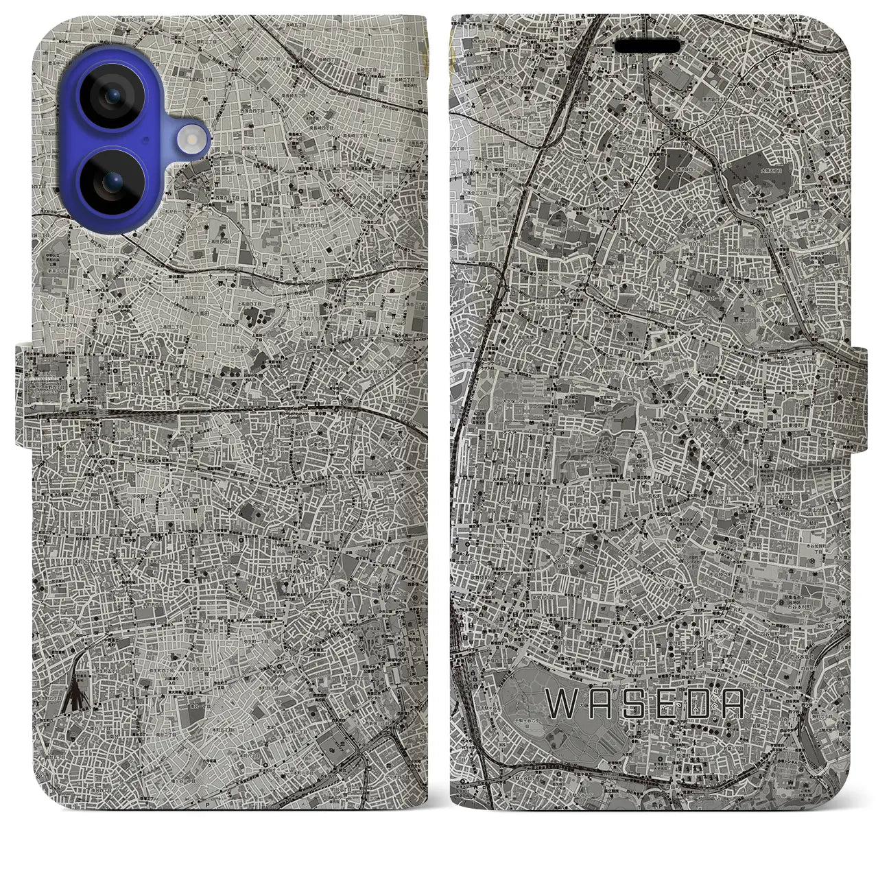 【早稲田2(東京都)】地図柄iPhoneケース(手帳タイプ)モノトーン・iPhone 16 Pro Max 用