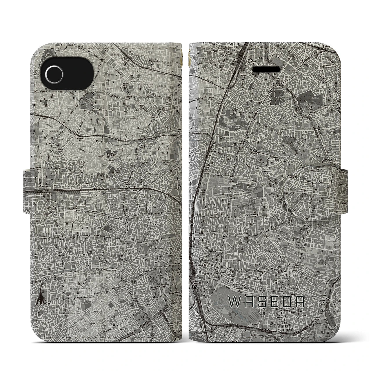 【早稲田2(東京都)】地図柄iPhoneケース(手帳タイプ)モノトーン・iPhone SE(第3 / 第2世代) / 8 / 7 / 6s / 6 用