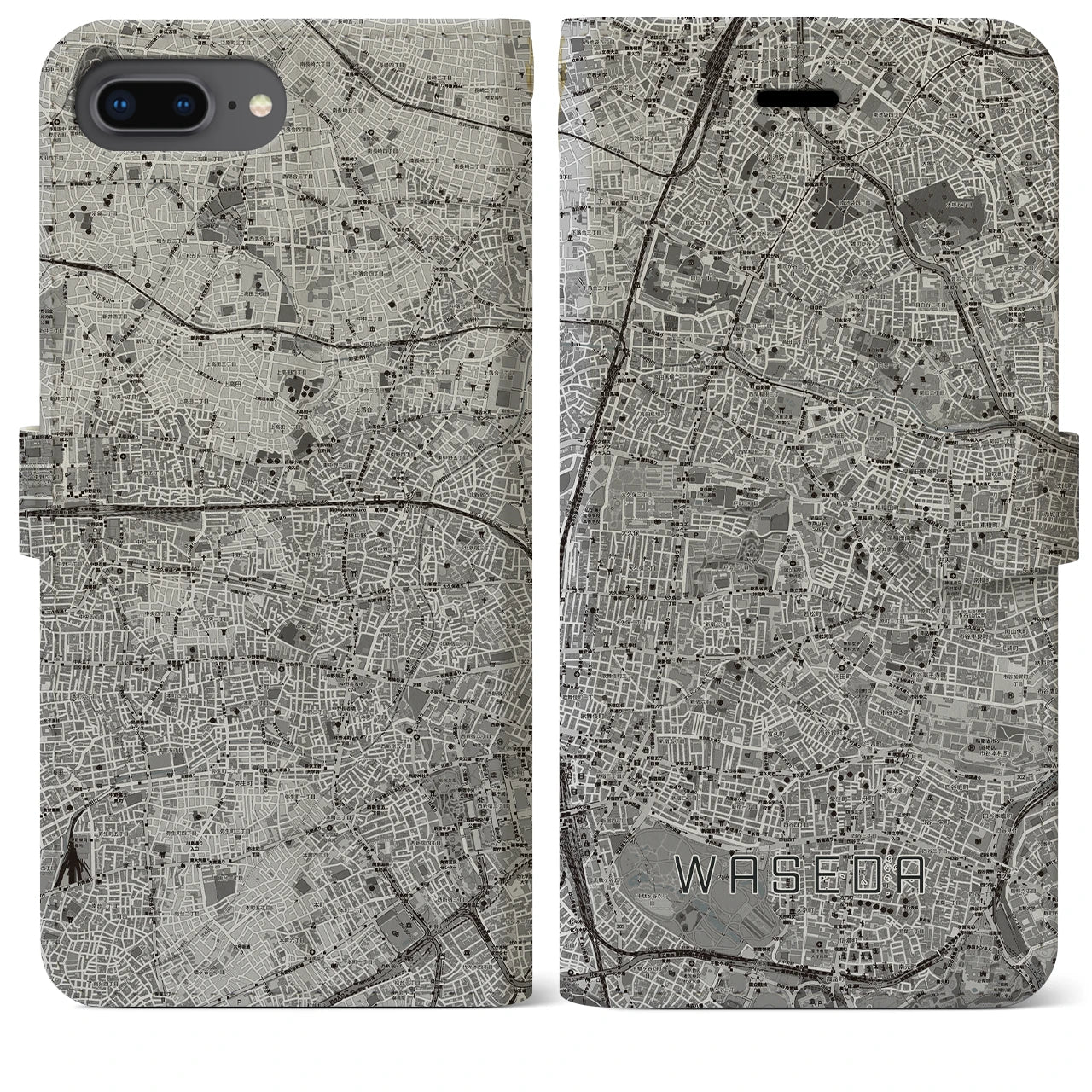 【早稲田2(東京都)】地図柄iPhoneケース(手帳タイプ)モノトーン・iPhone 8Plus /7Plus / 6sPlus / 6Plus 用