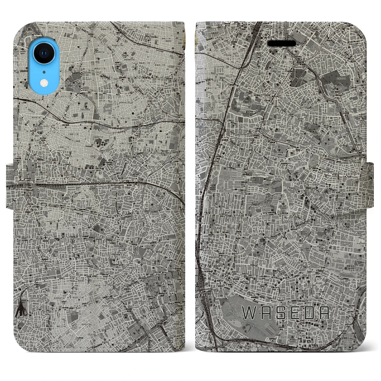 【早稲田2(東京都)】地図柄iPhoneケース(手帳タイプ)モノトーン・iPhone XR 用