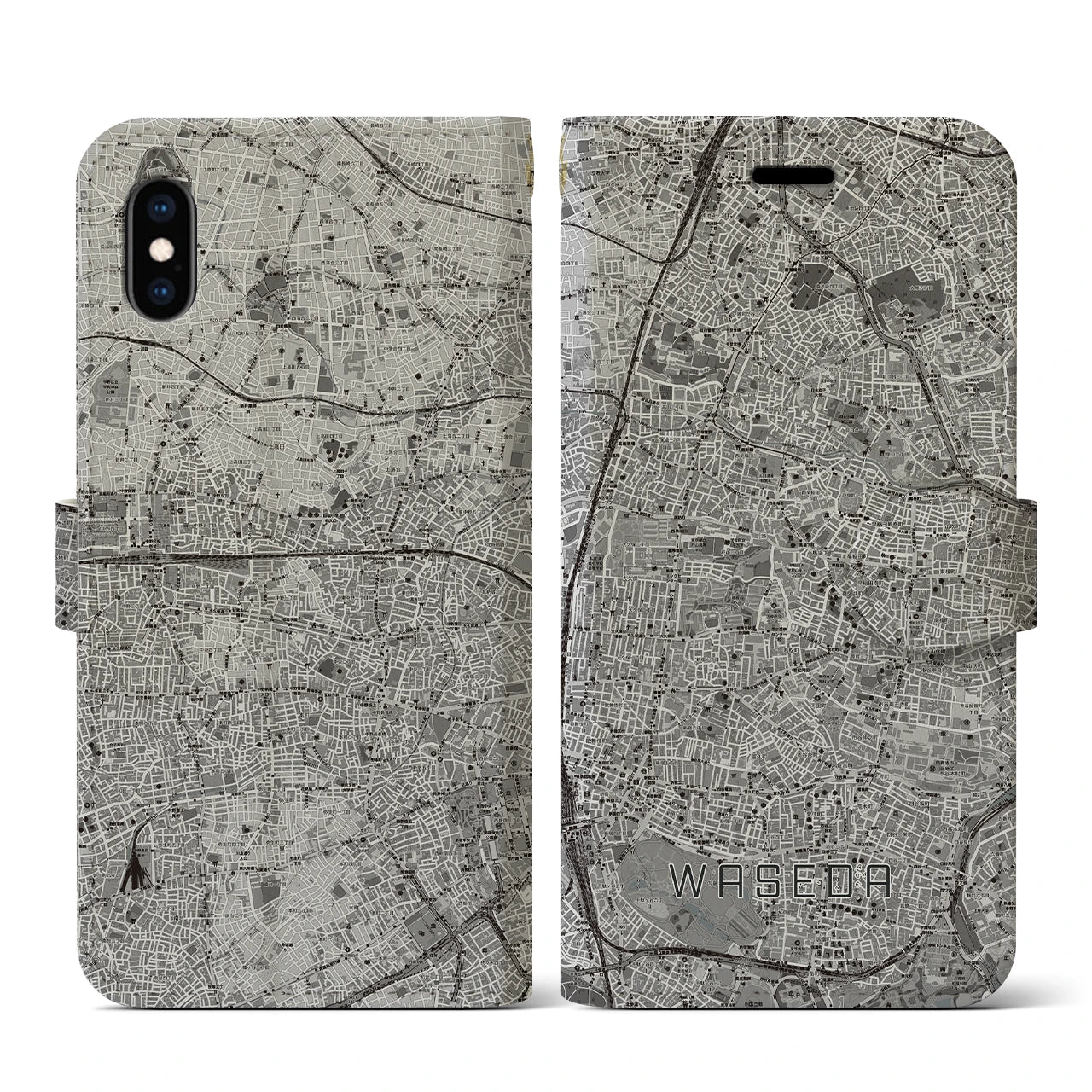 【早稲田2(東京都)】地図柄iPhoneケース(手帳タイプ)モノトーン・iPhone XS / X 用