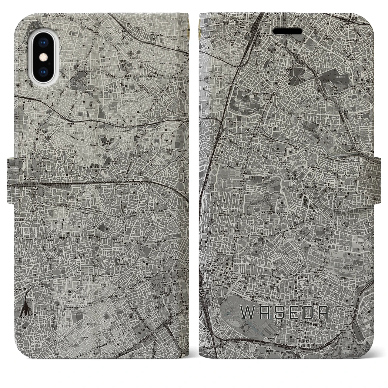 【早稲田2(東京都)】地図柄iPhoneケース(手帳タイプ)モノトーン・iPhone XS Max 用