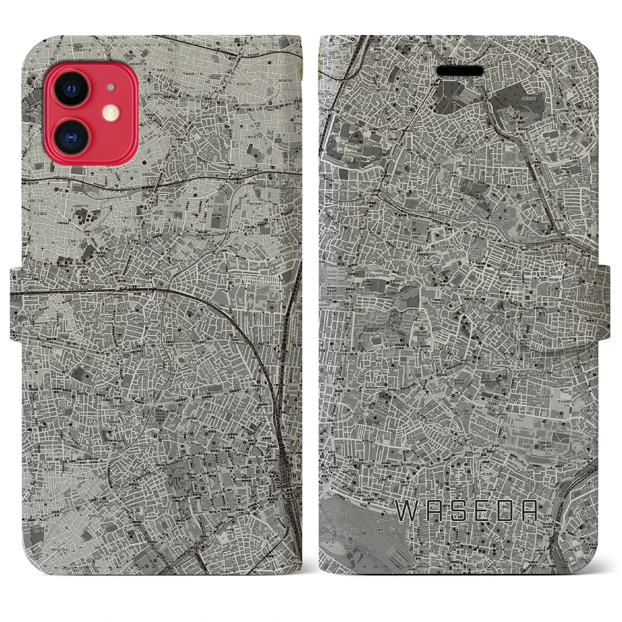 【早稲田(東京都)】地図柄iPhoneケース(手帳タイプ)モノトーン・iPhone 11 用