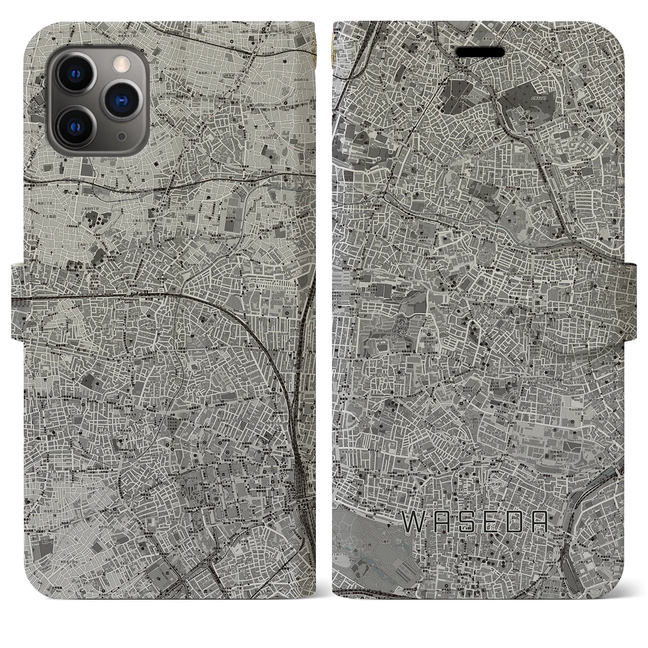 【早稲田(東京都)】地図柄iPhoneケース(手帳タイプ)モノトーン・iPhone 11 Pro Max 用