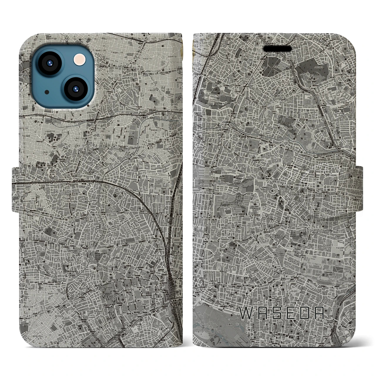 【早稲田(東京都)】地図柄iPhoneケース(手帳タイプ)モノトーン・iPhone 13 用