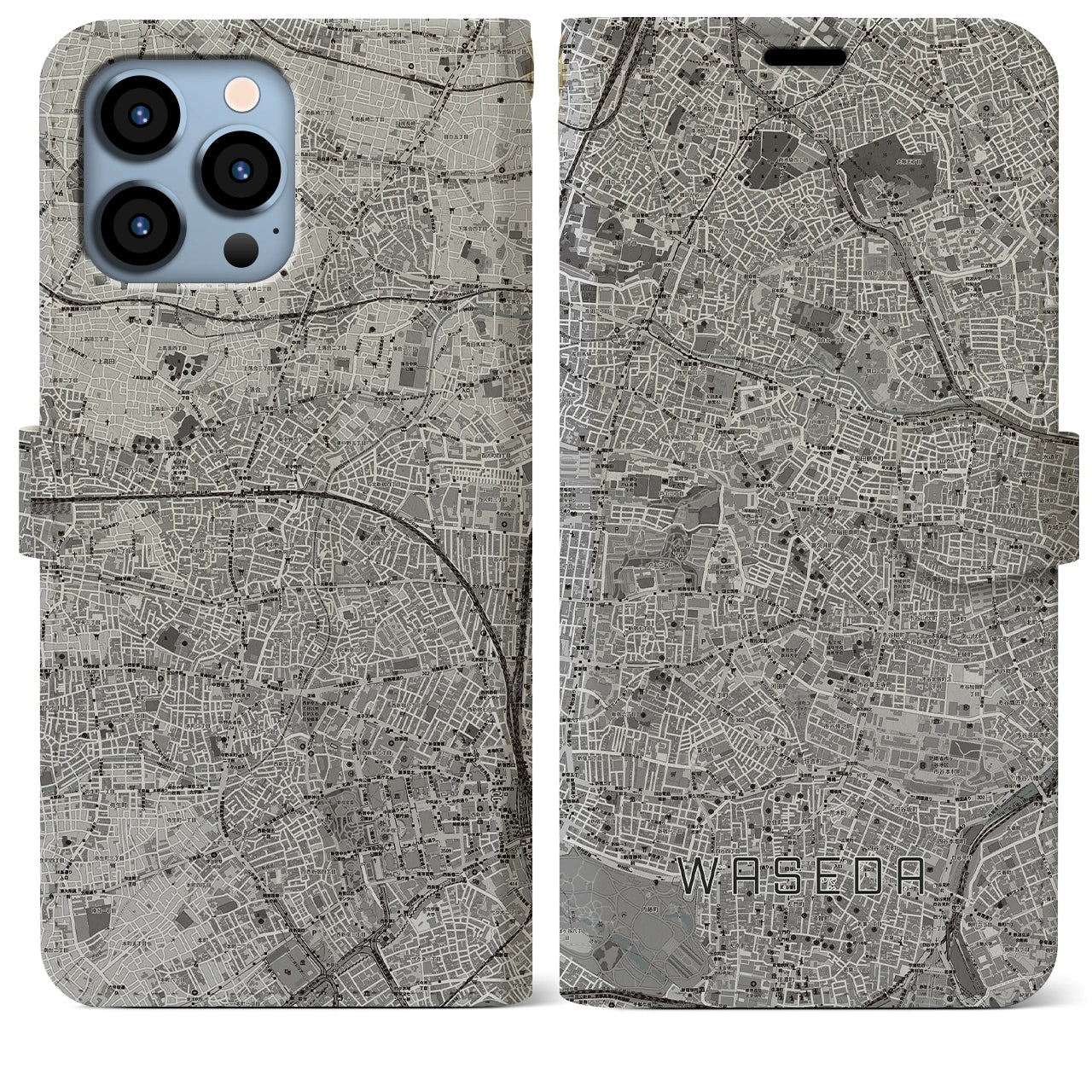 【早稲田(東京都)】地図柄iPhoneケース(手帳タイプ)モノトーン・iPhone 13 Pro Max 用