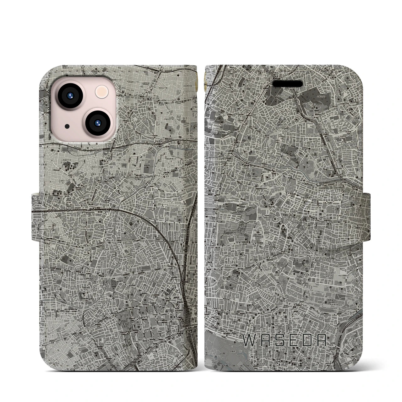 【早稲田(東京都)】地図柄iPhoneケース(手帳タイプ)モノトーン・iPhone 13 mini 用