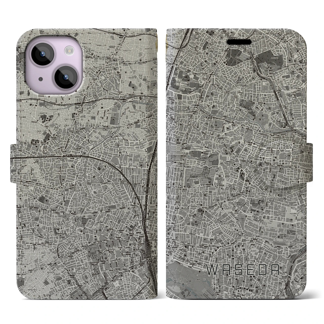 【早稲田(東京都)】地図柄iPhoneケース(手帳タイプ)モノトーン・iPhone 14 用