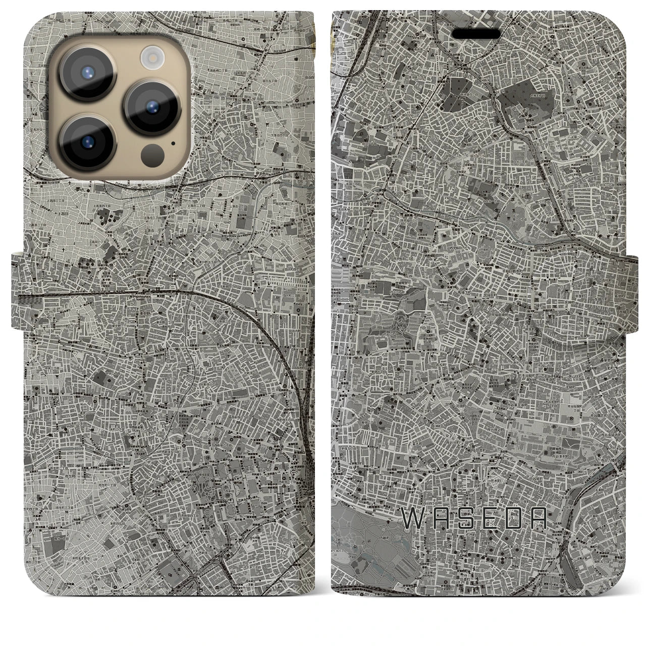 【早稲田(東京都)】地図柄iPhoneケース(手帳タイプ)モノトーン・iPhone 14 Pro Max 用