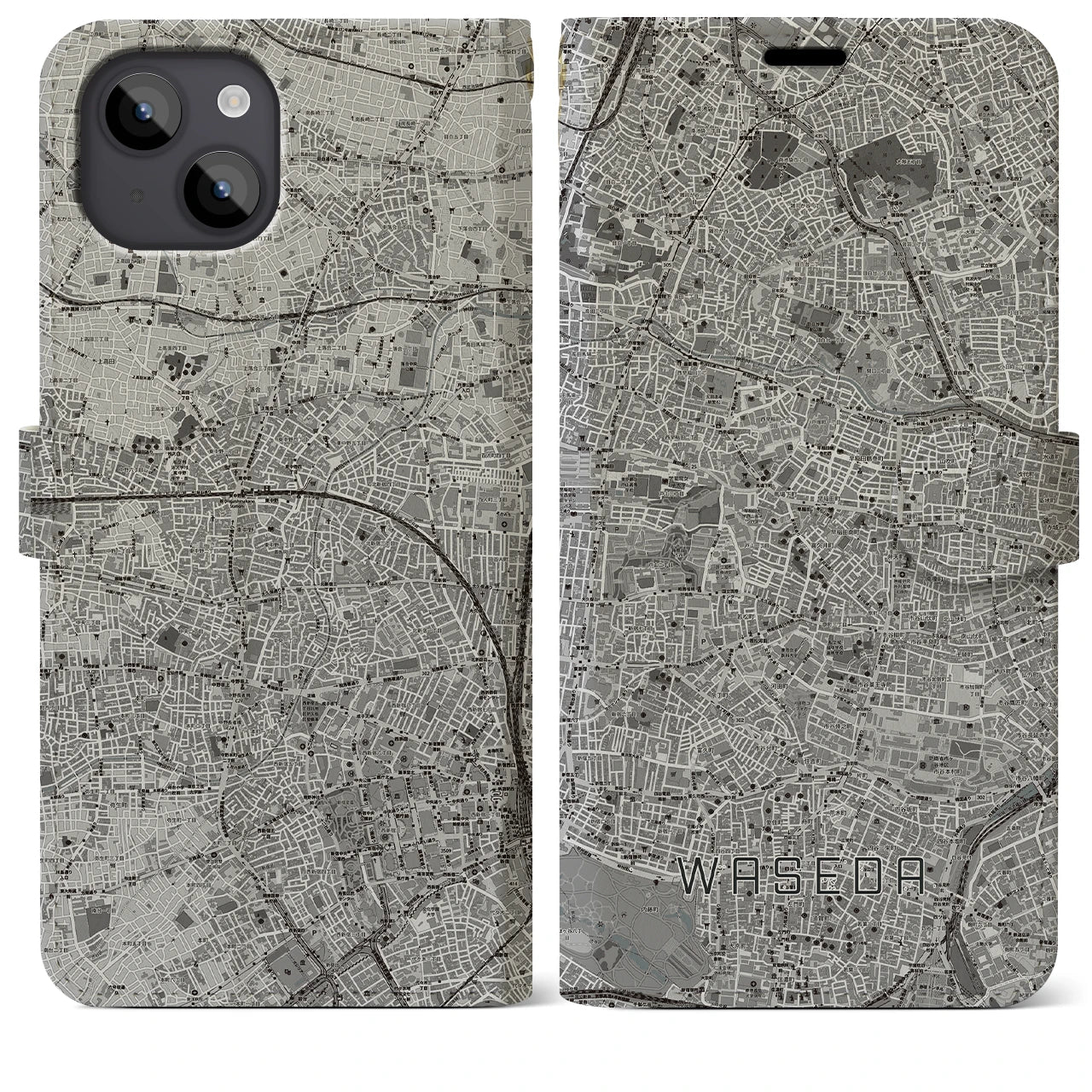 【早稲田(東京都)】地図柄iPhoneケース(手帳タイプ)モノトーン・iPhone 14 Plus 用
