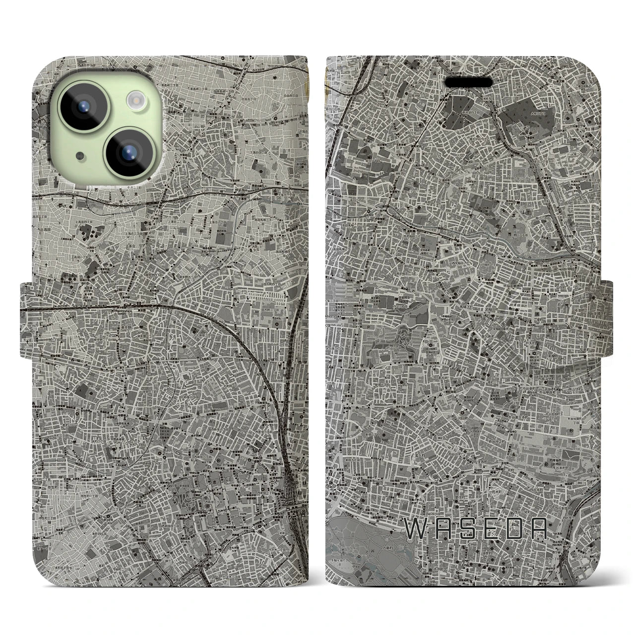 【早稲田(東京都)】地図柄iPhoneケース(手帳タイプ)モノトーン・iPhone 15 用