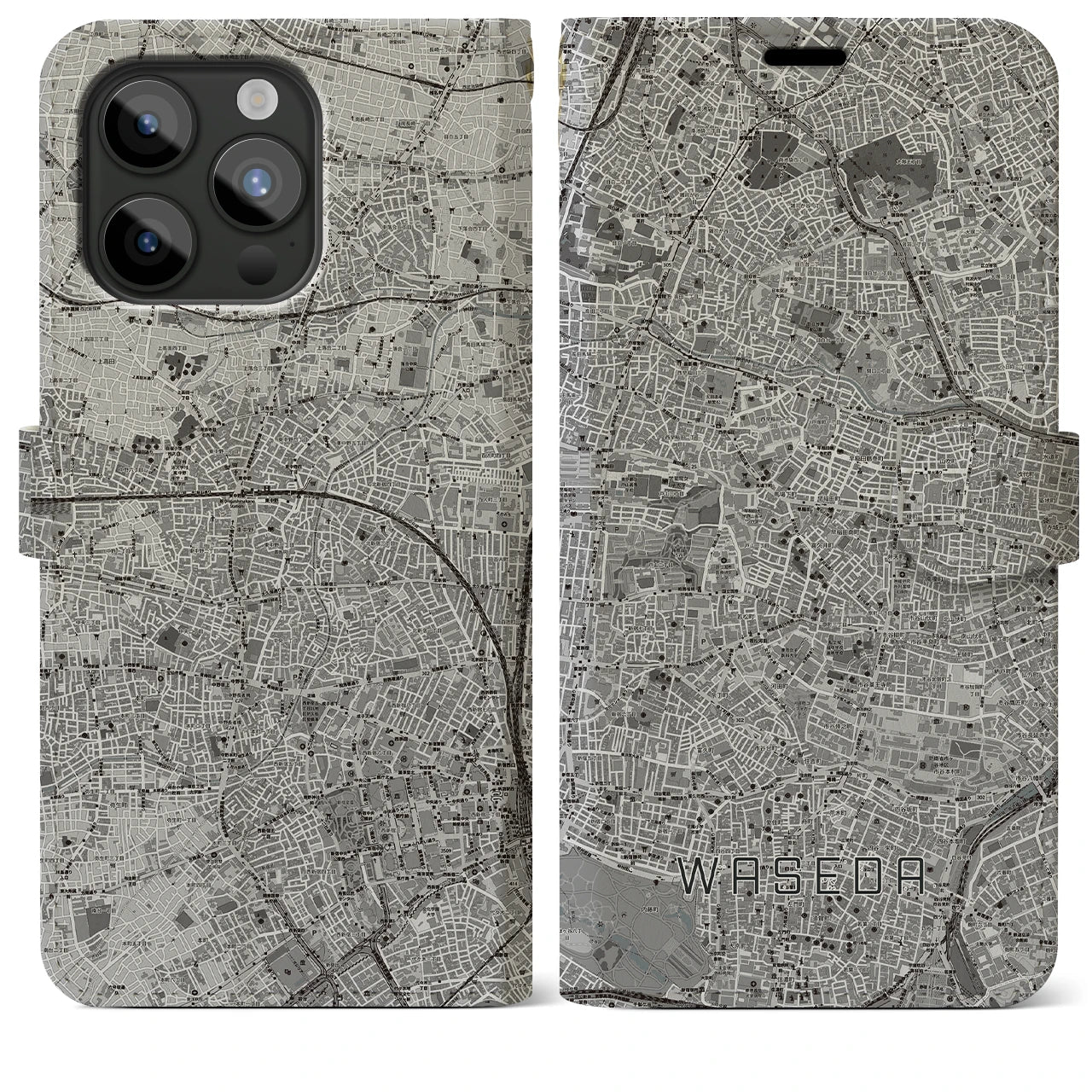 【早稲田(東京都)】地図柄iPhoneケース(手帳タイプ)モノトーン・iPhone 15 Pro Max 用