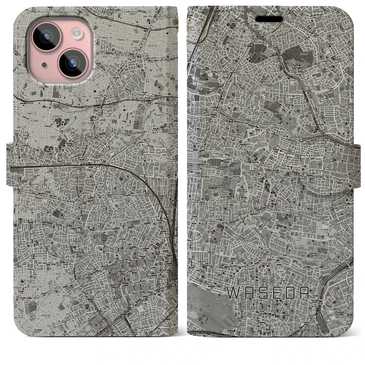 【早稲田(東京都)】地図柄iPhoneケース(手帳タイプ)モノトーン・iPhone 15 Plus 用