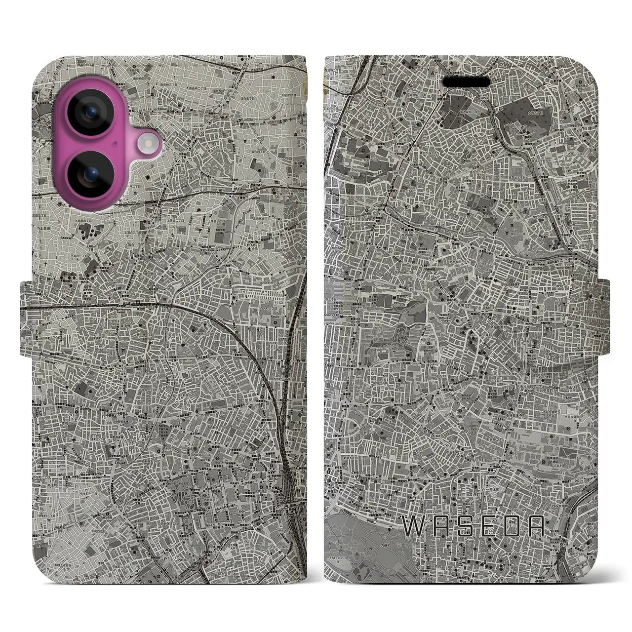 【早稲田(東京都)】地図柄iPhoneケース(手帳タイプ)モノトーン・iPhone 16 Pro 用