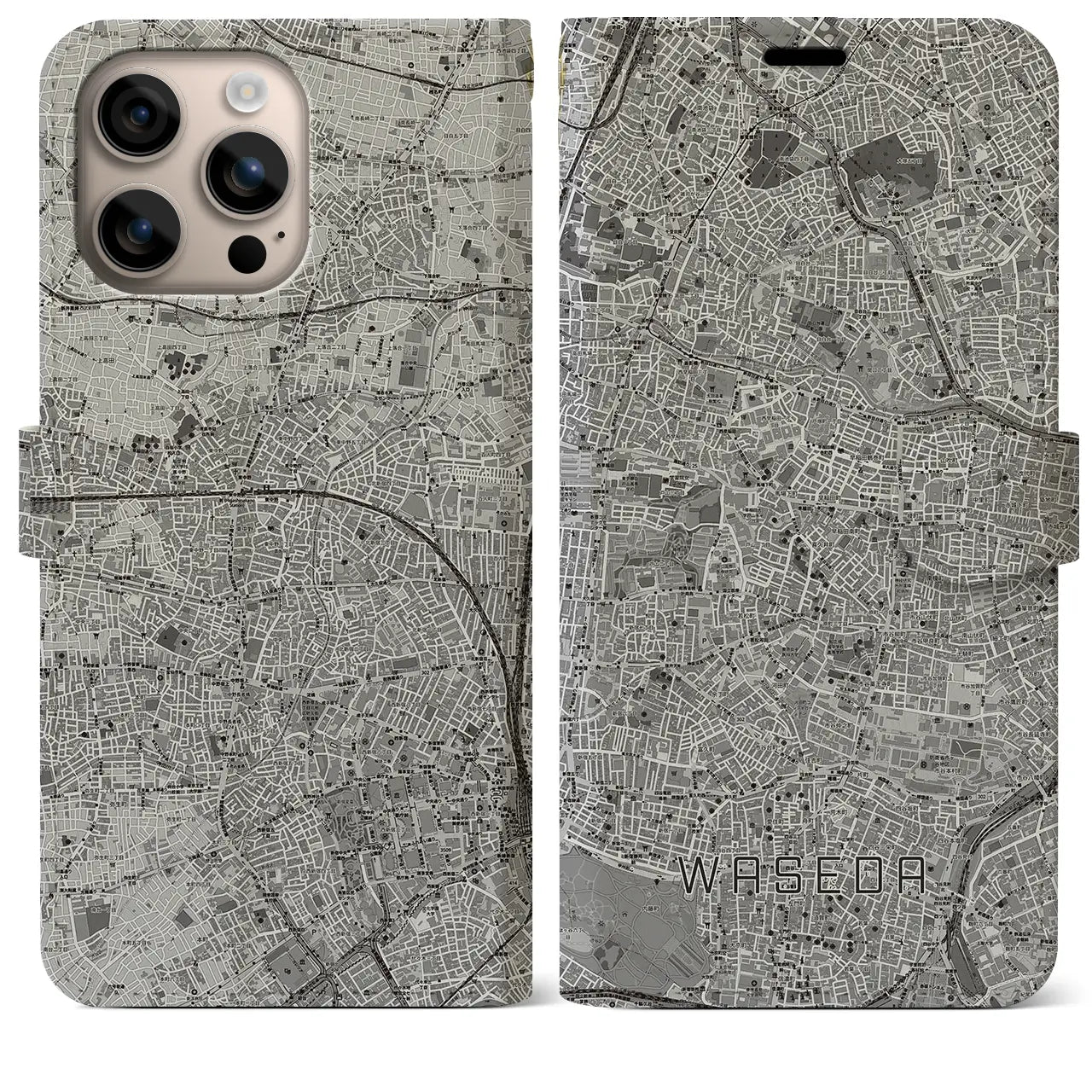 【早稲田(東京都)】地図柄iPhoneケース(手帳タイプ)モノトーン・iPhone 16 Plus 用