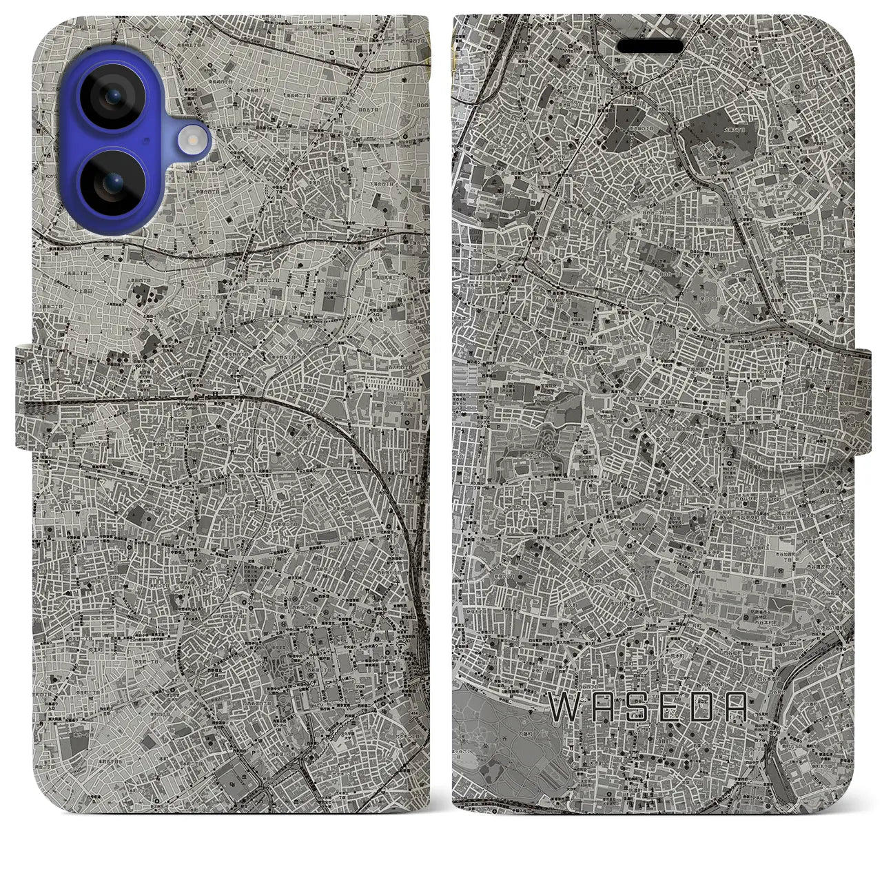 【早稲田(東京都)】地図柄iPhoneケース(手帳タイプ)モノトーン・iPhone 16 Pro Max 用