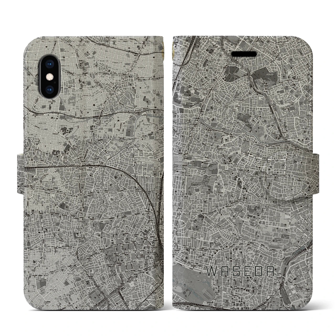 【早稲田(東京都)】地図柄iPhoneケース(手帳タイプ)モノトーン・iPhone XS / X 用