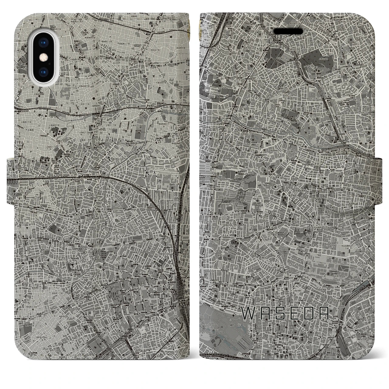 【早稲田(東京都)】地図柄iPhoneケース(手帳タイプ)モノトーン・iPhone XS Max 用