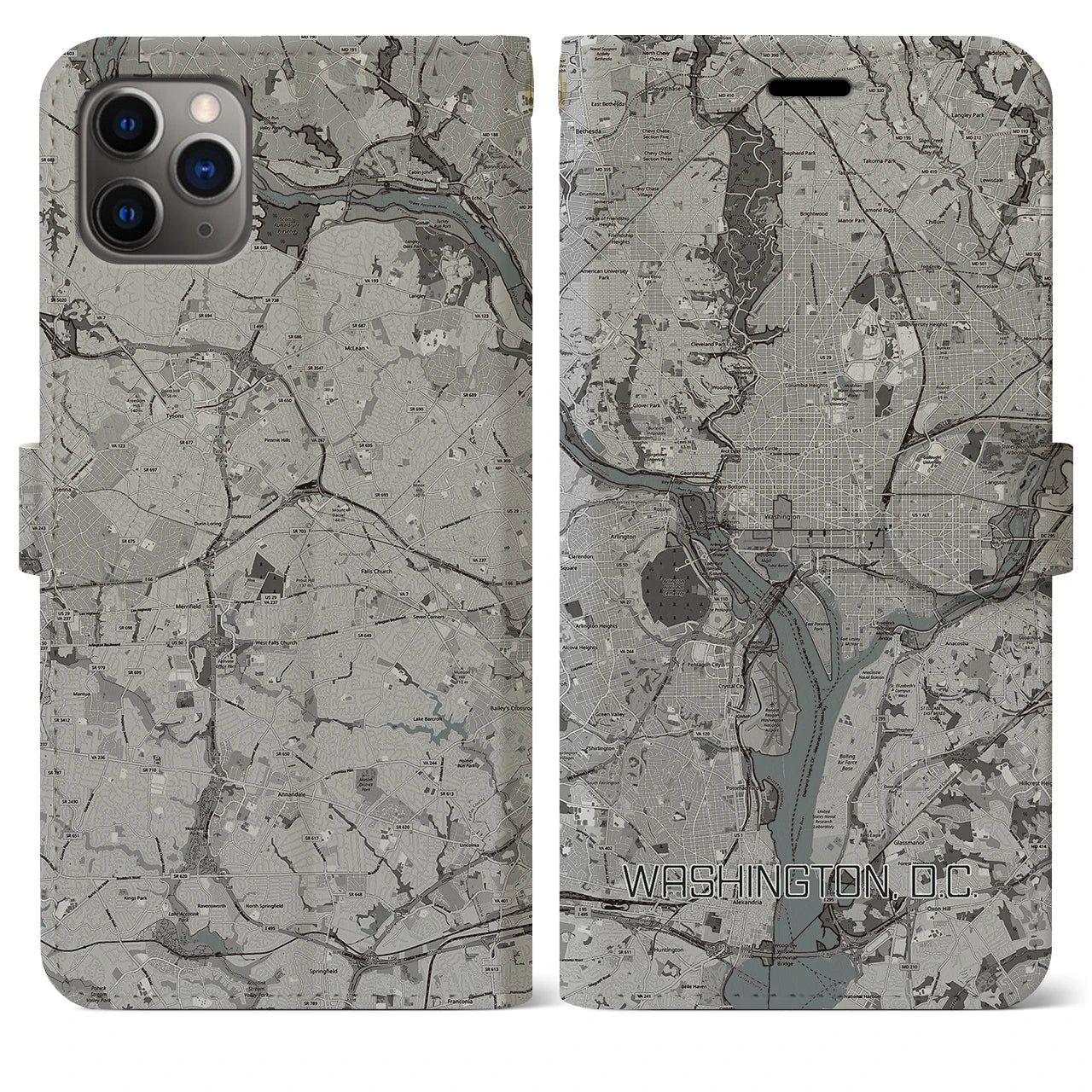 【ワシントンD.C.(アメリカ)】地図柄iPhoneケース(手帳タイプ)モノトーン・iPhone 11 Pro Max 用