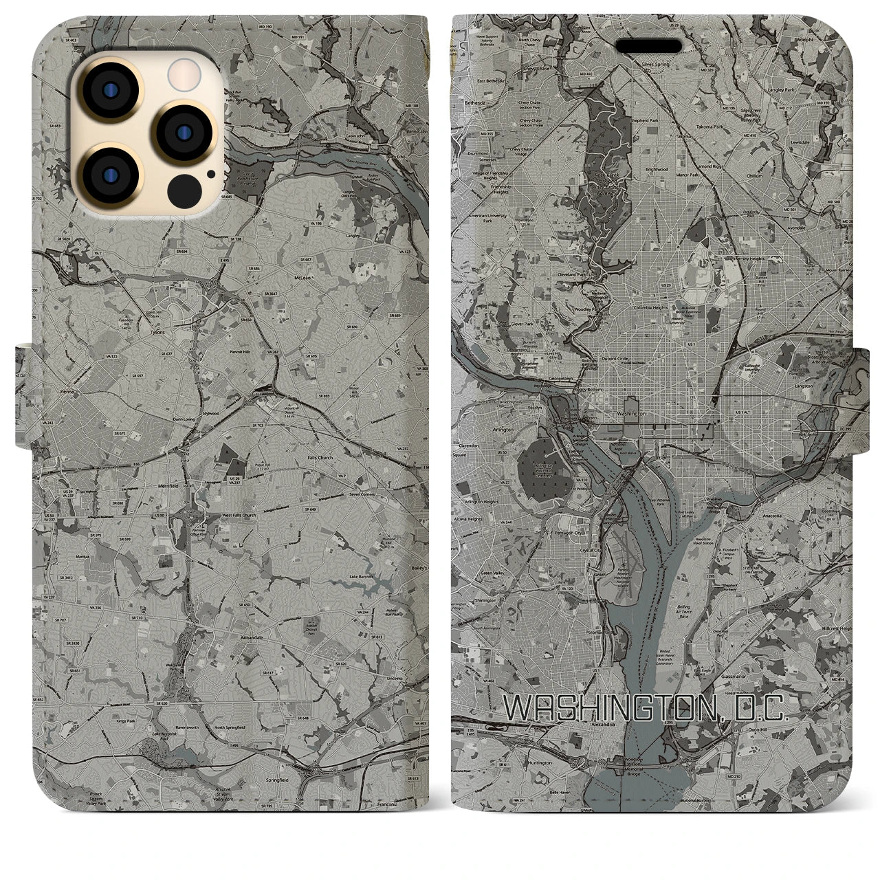【ワシントンD.C.(アメリカ)】地図柄iPhoneケース(手帳タイプ)モノトーン・iPhone 12 Pro Max 用