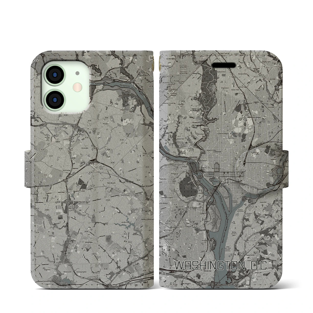 【ワシントンD.C.(アメリカ)】地図柄iPhoneケース(手帳タイプ)モノトーン・iPhone 12 mini 用