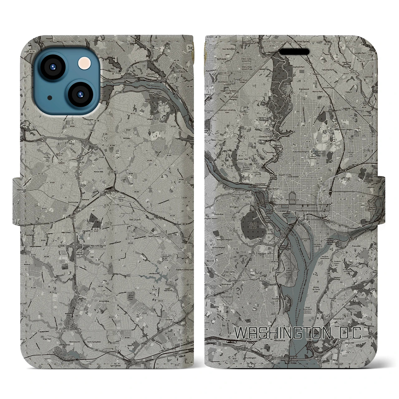 【ワシントンD.C.(アメリカ)】地図柄iPhoneケース(手帳タイプ)モノトーン・iPhone 13 用
