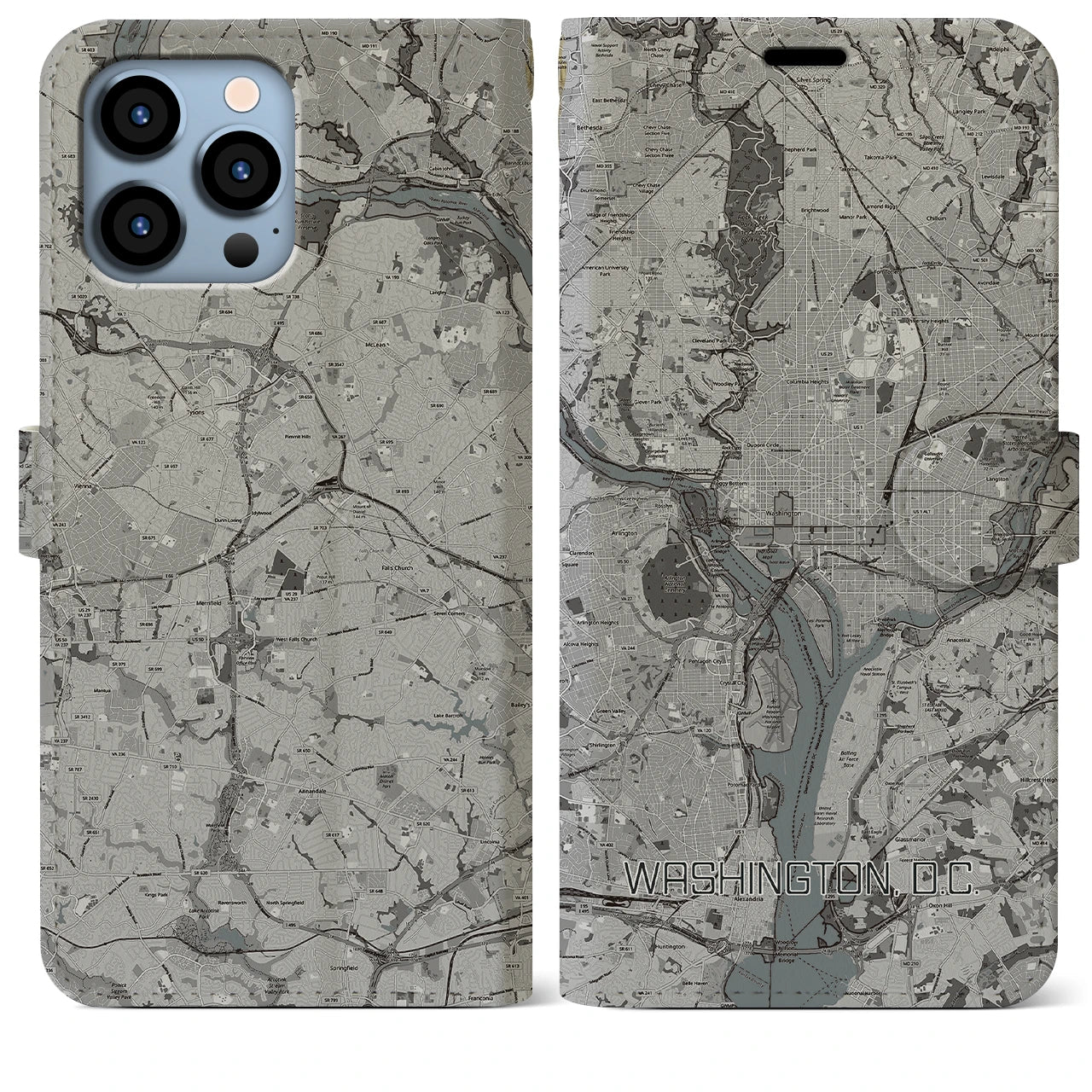 【ワシントンD.C.(アメリカ)】地図柄iPhoneケース(手帳タイプ)モノトーン・iPhone 13 Pro Max 用