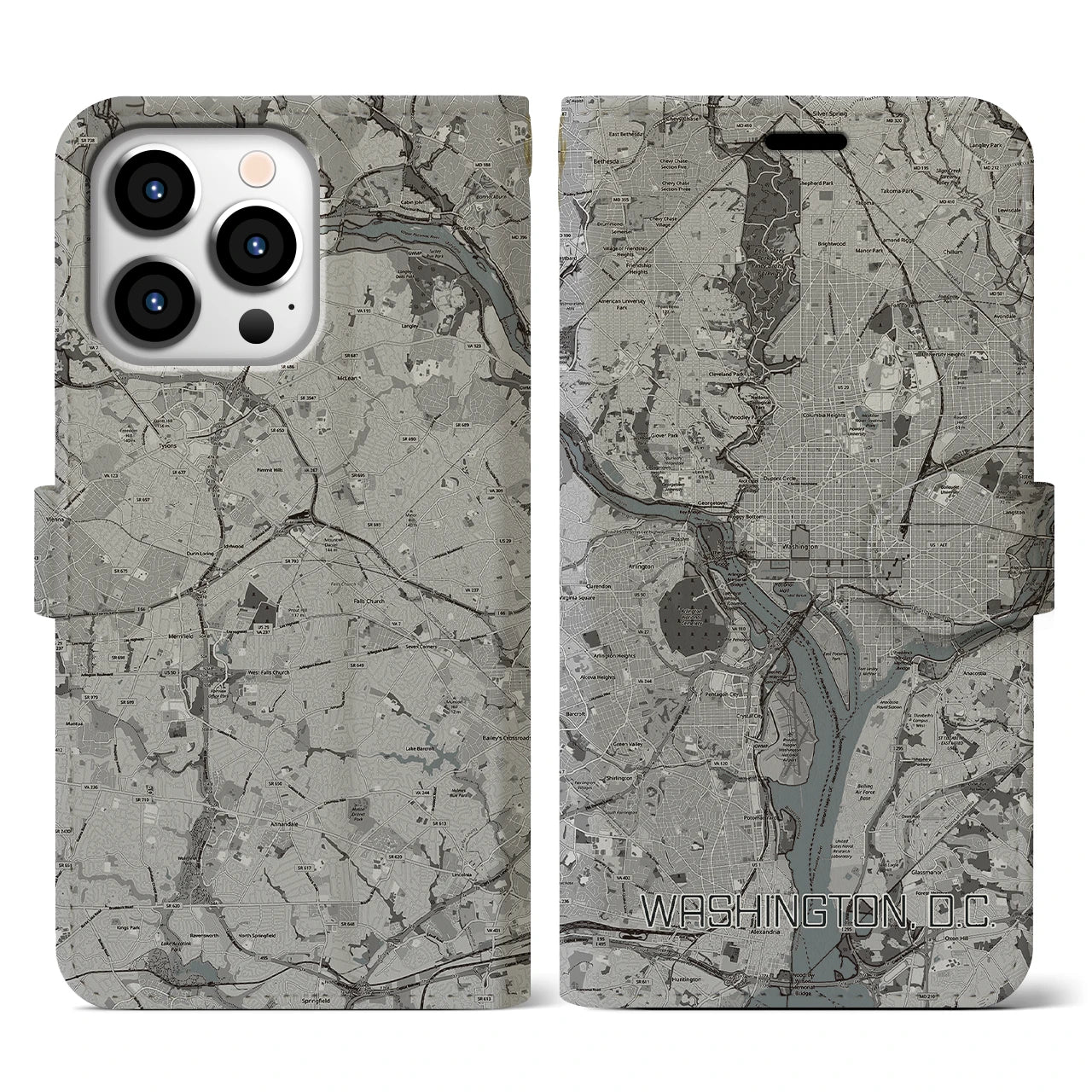 【ワシントンD.C.(アメリカ)】地図柄iPhoneケース(手帳タイプ)モノトーン・iPhone 13 Pro 用