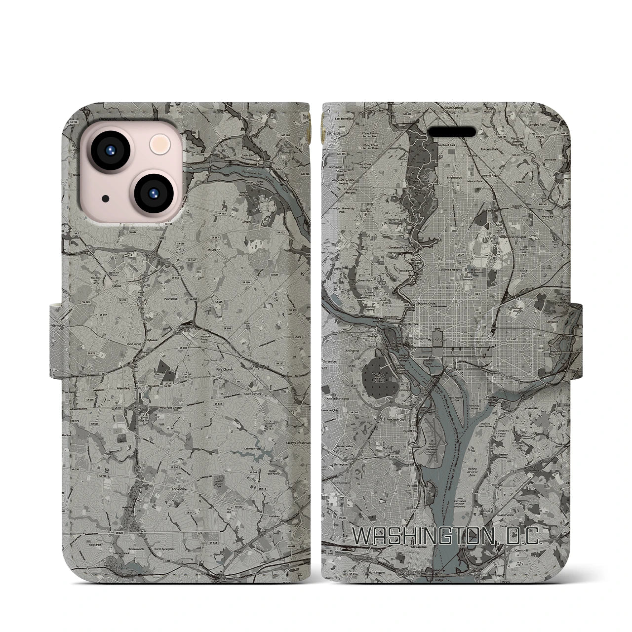 【ワシントンD.C.(アメリカ)】地図柄iPhoneケース(手帳タイプ)モノトーン・iPhone 13 mini 用