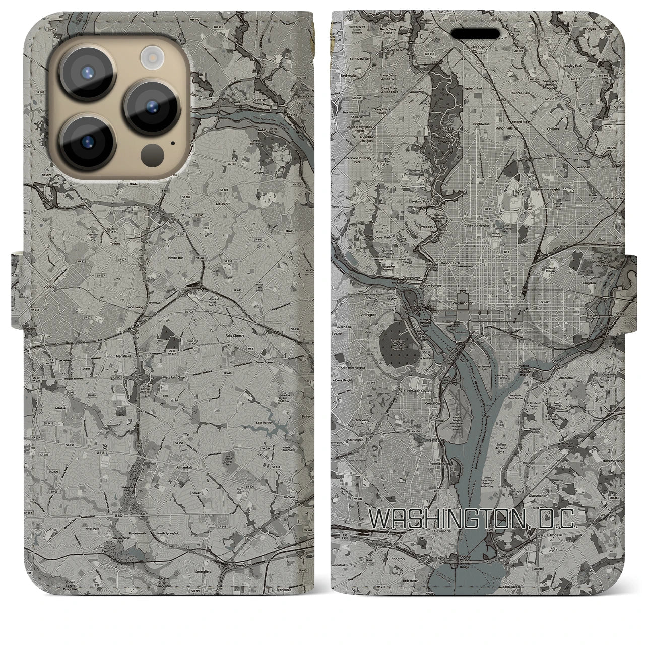 【ワシントンD.C.(アメリカ)】地図柄iPhoneケース(手帳タイプ)モノトーン・iPhone 14 Pro Max 用