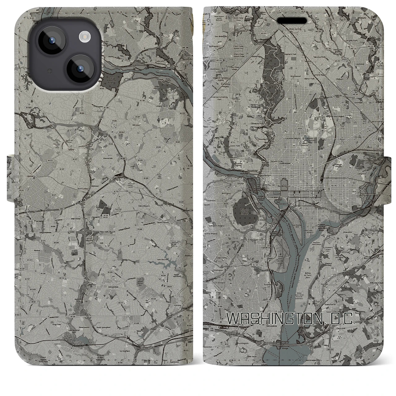 【ワシントンD.C.(アメリカ)】地図柄iPhoneケース(手帳タイプ)モノトーン・iPhone 14 Plus 用