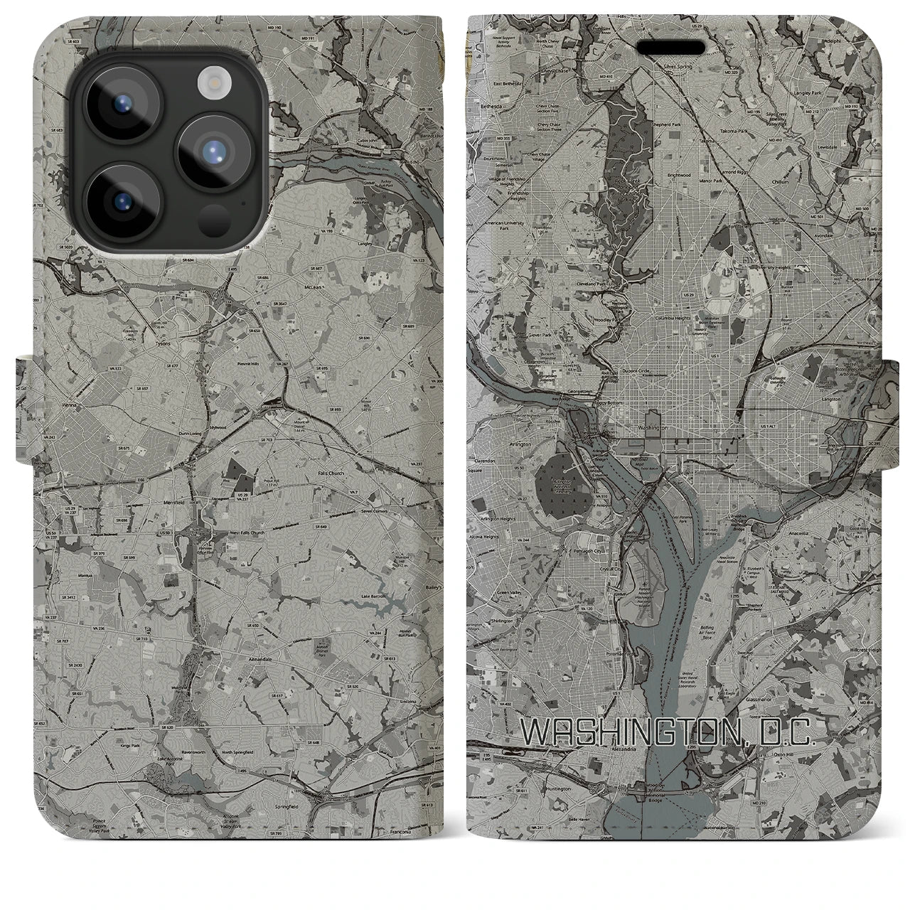 【ワシントンD.C.(アメリカ)】地図柄iPhoneケース(手帳タイプ)モノトーン・iPhone 15 Pro Max 用