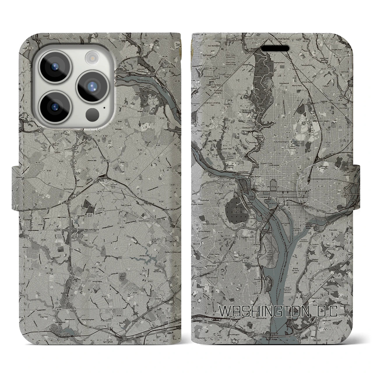 【ワシントンD.C.(アメリカ)】地図柄iPhoneケース(手帳タイプ)モノトーン・iPhone 15 Pro 用