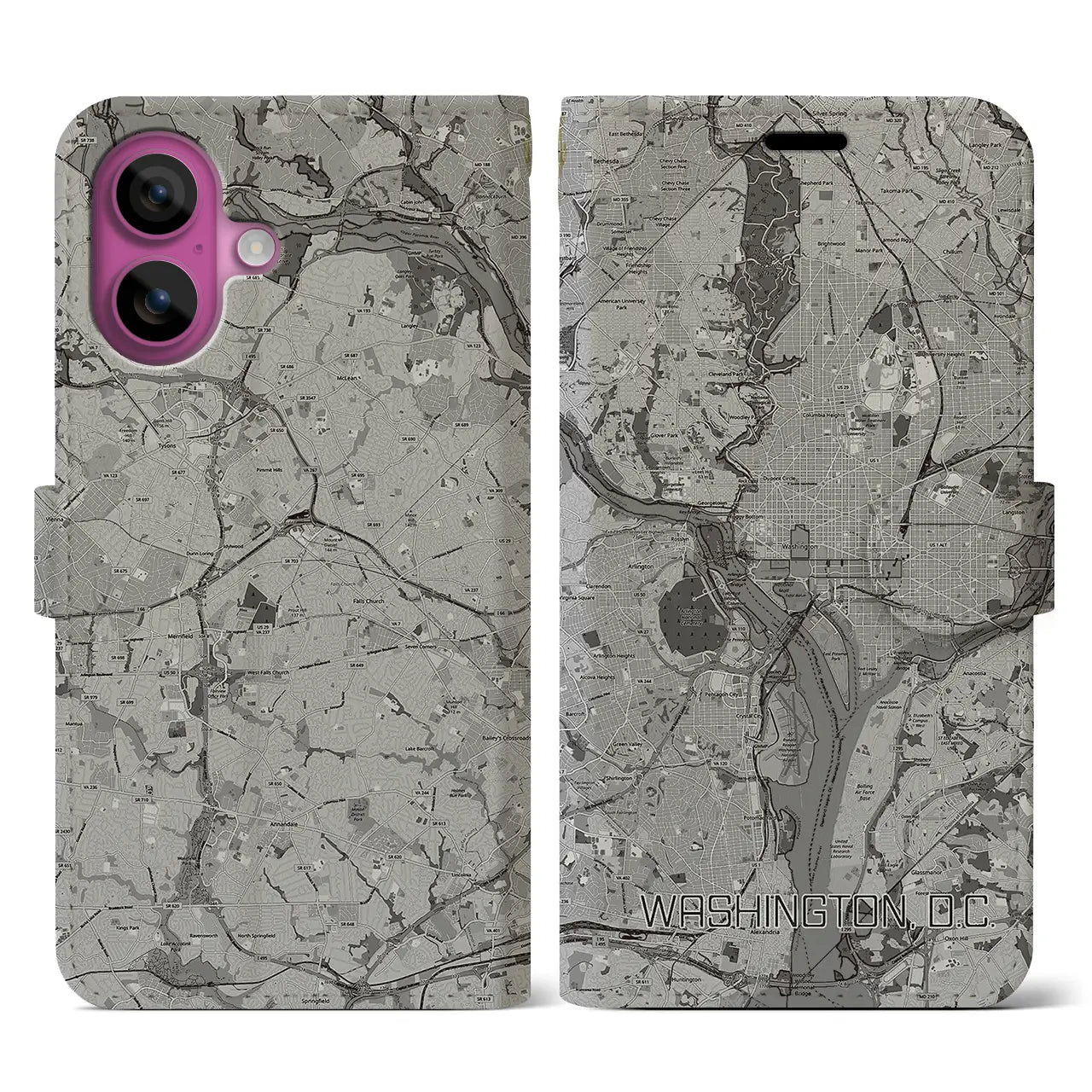 【ワシントンD.C.(アメリカ)】地図柄iPhoneケース(手帳タイプ)モノトーン・iPhone 16 Pro 用