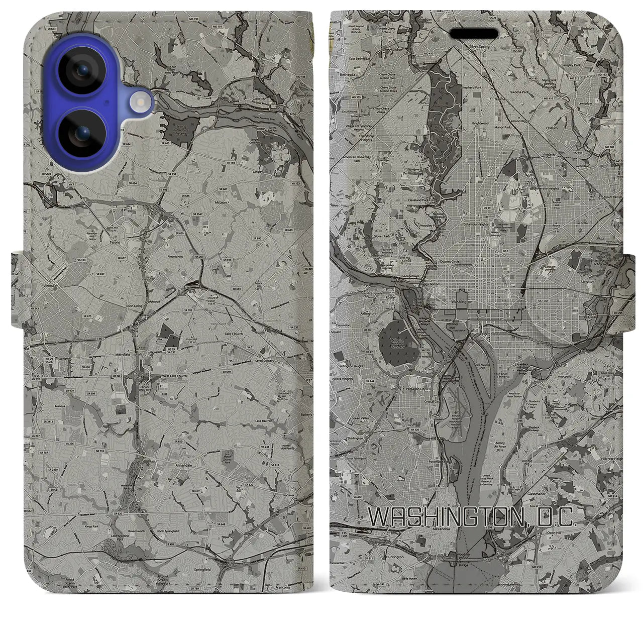 【ワシントンD.C.(アメリカ)】地図柄iPhoneケース(手帳タイプ)モノトーン・iPhone 16 Pro Max 用